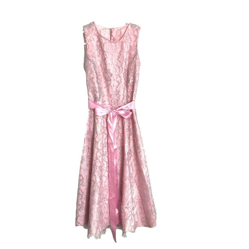 Homemade Womens Dress Size Small Pink Gray Lace Overlay W Slip Satin Sash